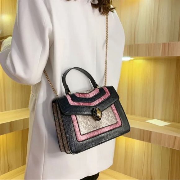 Three Tone Snake Pattern Purse (Black, Beige, Pink) - Picture 8 of 8